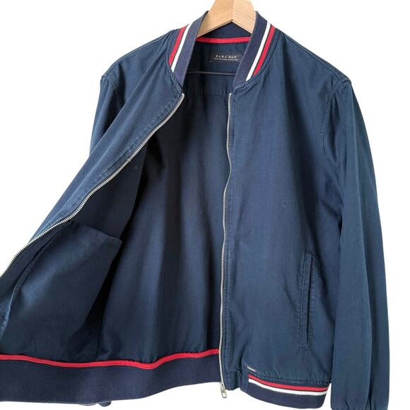 Zara Man Navy Bomber Jacket Red and White Striped Trim 100% Cotton, Size XL - Picture 9 of 11